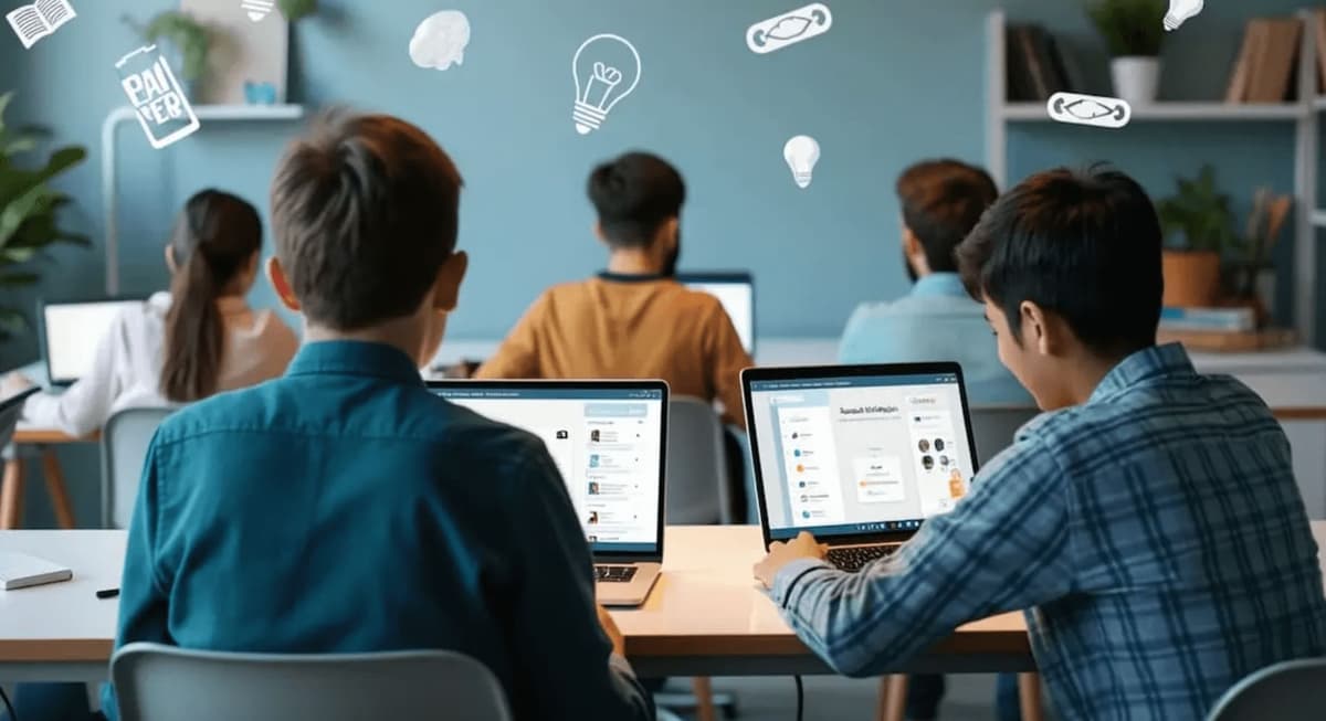 Student using laptop in a classroom